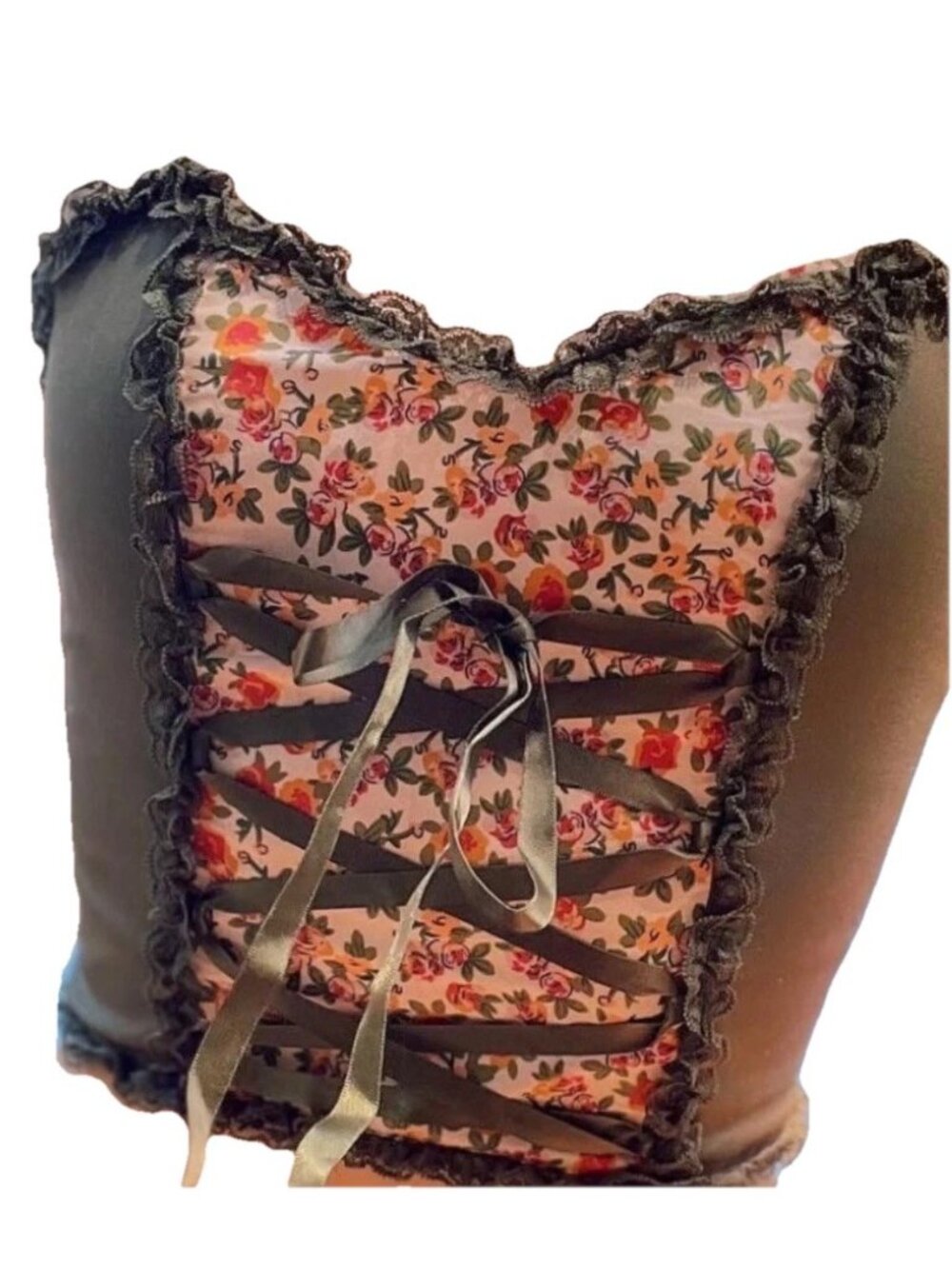 Floral Lace-Up Corset Top Small Ren Faire Cottage Folk Boho Zip Festival Indie